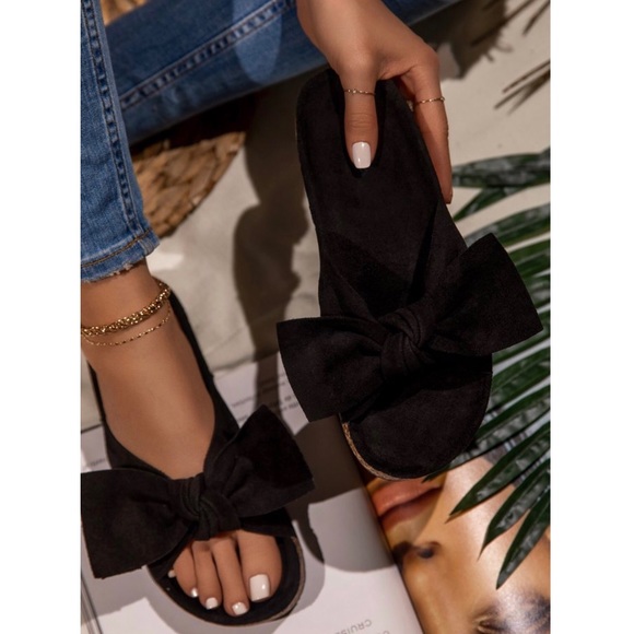 Black Bow Knot Cork Slides Sandals - Picture 4 of 11